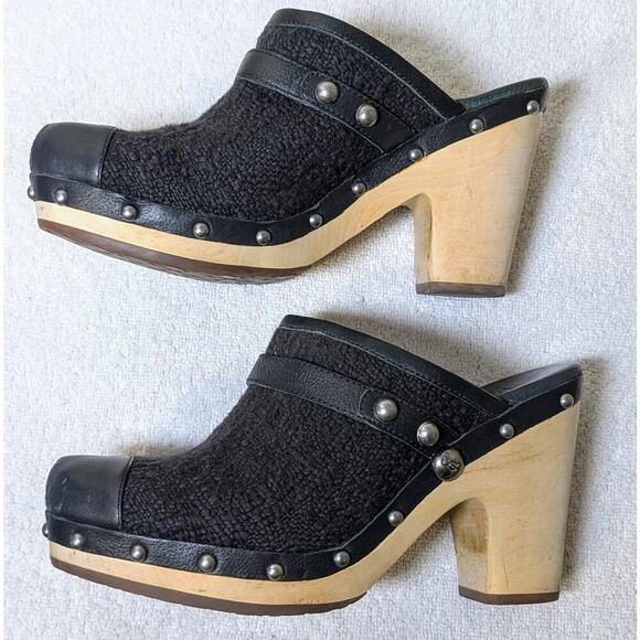 UGG 100490 Women's Leather & Wool Black Clogs Shoes Wood Mules Sz 8 US - Picture 3 of 11